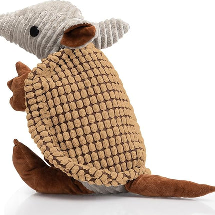 Hollypet Plush Dog Squeaky Toy Stuffed Armadillo Animal Pet Puppy Chew Toys with Clean Teeth for Small Medium Large All Breed Sizes Dogs, Light Brown, 10 in