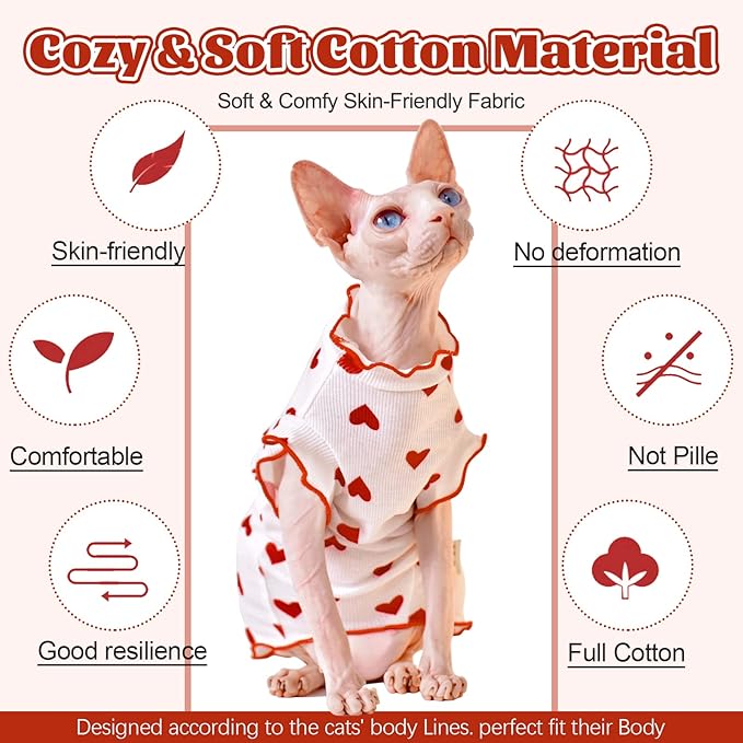 DENTRUN Heart Pattern Sphynx Hairless Cats Shirt, Kitten T-Shirts with Perlin Sleeves, Breathable Cat Wear Cute Sweater Adorable Hairless Cat's Clothes Vest Pajamas Jumpsuit
