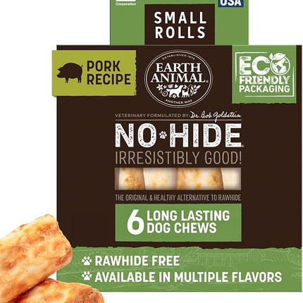 Earth Animal No Hide Chews - Long Lasting Rawhide Free Small Dog Chews Rolls, Pork - 6 Count