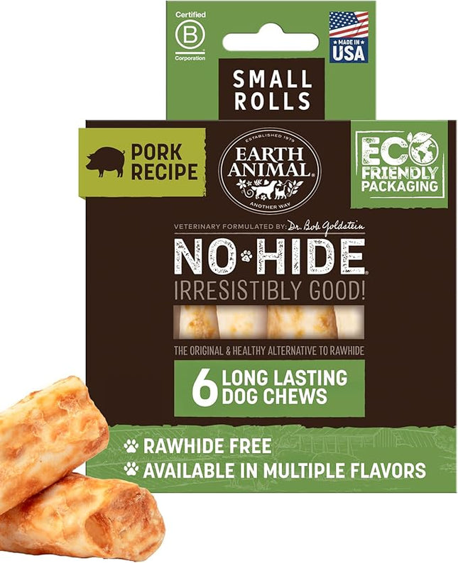 Earth Animal No Hide Chews - Long Lasting Rawhide Free Small Dog Chews Rolls, Pork - 6 Count