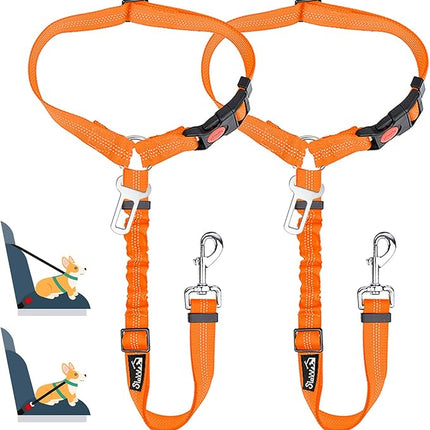 Lukovee Dog Car Seat Belt, 2 Pack Headrest Restraint Seatbelt, Adjustable Pet Safety Leads with Reflective Elastic Bungee for Dog Harness Collar Travel Daily Use (Orange,Headrest + Clip)