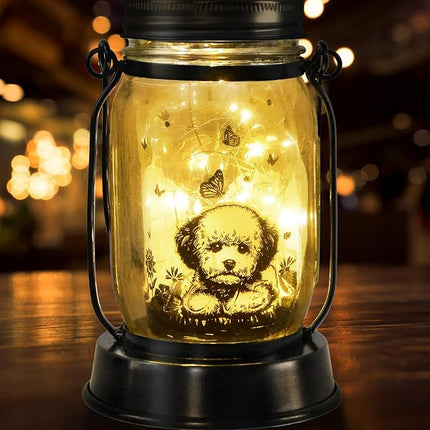 Bichon Dog Gifts for Women/Men Bichon Frise Solar Lanterns Birthday Dog Lovers Lantern Pet Loss Dog Memorial Lights Solar Garden Decoration for Yard, Patio,Backyard,Porch Torches Light