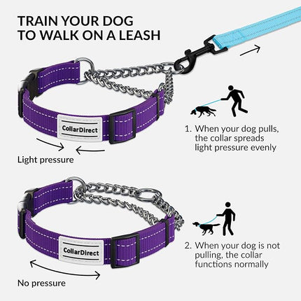 CollarDirect Martingale Dog Collar with Stainless Steel Chain and Quick Release Buckle - Reflective Collar for Large, Medium, Small Dogs - Purple, Small (Neck Size 12"-15")