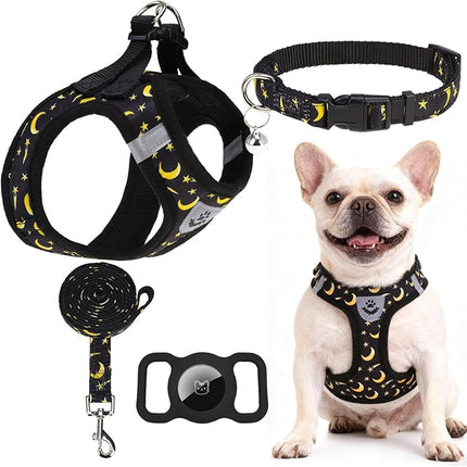 EXPAWLORER Small Dog Harness and Leash Set - Cute Puppy Harness Leash Dog Collar with AirTag Holder Silicone Case, Soft Padded Step in Pet Vest Reflective for Outdoor Walking, Star-Moon S