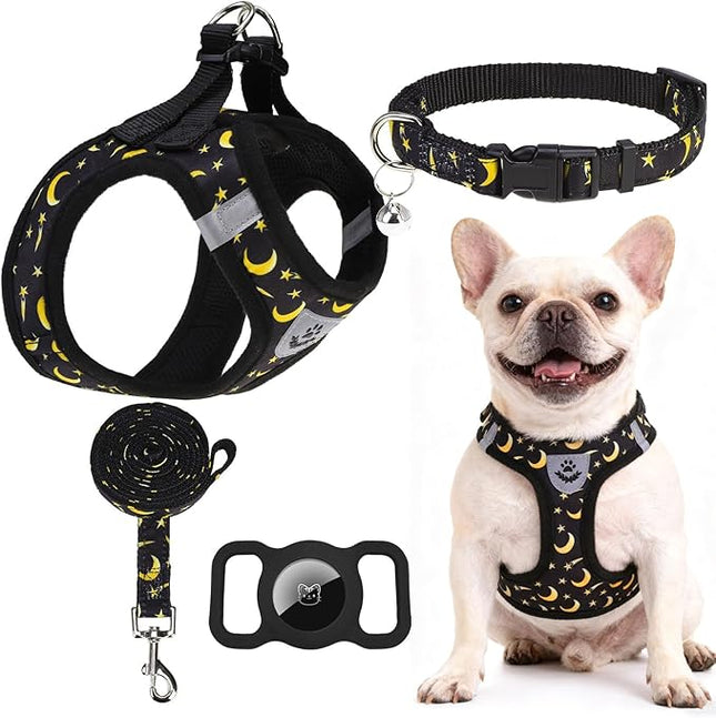 EXPAWLORER Small Dog Harness and Leash Set - Cute Puppy Harness Leash Dog Collar with AirTag Holder Silicone Case, Soft Padded Step in Pet Vest Reflective for Outdoor Walking, Star-Moon M