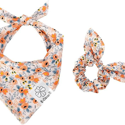 E-Clover Dog Bandanas & Matching Scrunchie Set Girl Cute Flower Dog Scarf Bibs Pet Bandana with Bow Tie for Small Dogs Puppy Owner Spring