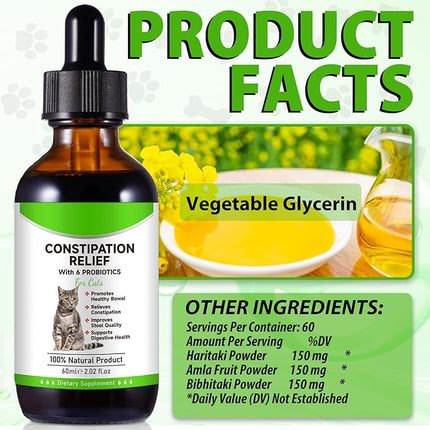 Cat Constipation Relief, Cat Laxative Constipation Relief, 100% Natural Laxative with 6 Probiotics Stool Softener, Promotes Digestive Health - 2 fl oz