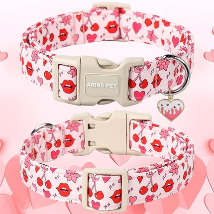 ARING PET Valentine's Day Dog Collar, Cute Pink Cherry Lips Pet Collars with Quick Release Buckle for Puppy Small Medium Large Girl Boy Dogs Cotton-XS