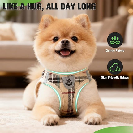 EXPAWLORER Plaid Small Dog Harness and Leash Set with AirTag Holder - Soft Padded Step in Dog Vest Harness Medium Sized Dog, No Pull Reflective Puppy Harness, Collar and Leash for Walking, Khaki L