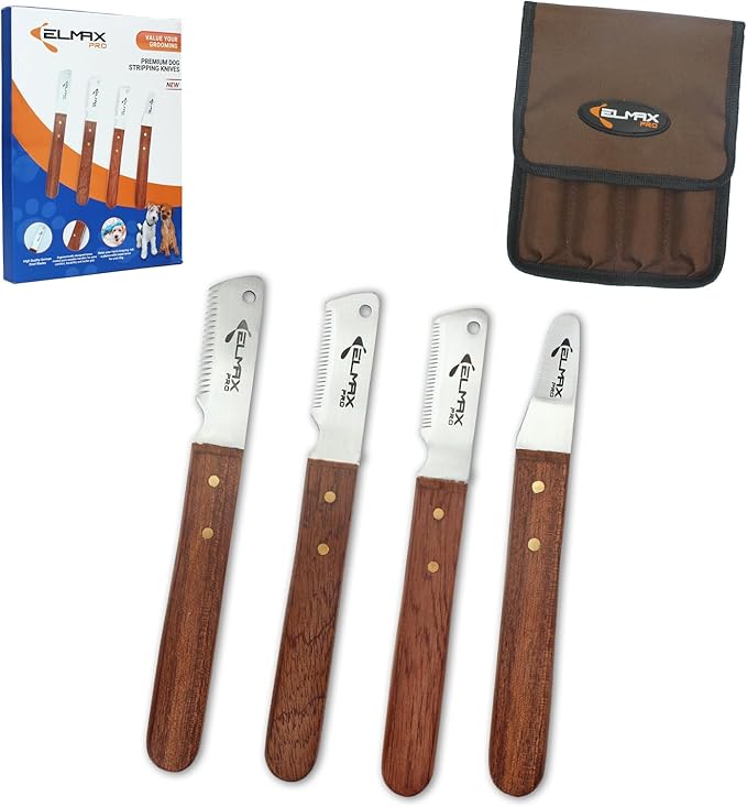 Professional Slant Tooth Stripping Knife for dogs (Pack of 4) Stainless Steel Blades & Rosewood Handle, Efficient Undercoat Removal, Hand Stripping Tools for dog grooming (Right-Handed)