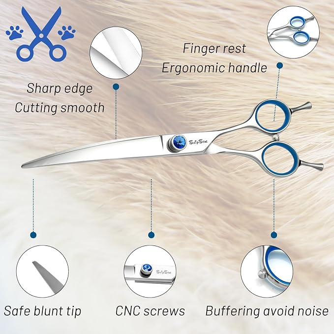 7.5in Curved Dog Scissors for Grooming, VG10 Steel Sharp Dog Grooming Scissors, 25 Degree Bend, with CNC Screw & Round Blunt Tip, Professional Pet Grooming Shears for Dogs Cats Groomer or Home Use