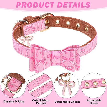 EXPAWLORER Dog Collar and Leash Set - Pink Bowknot Dog Bow Tie and Dog Bandana Collar with Bell, Dog Leash Tangle Free, Adjustable Collars for Small Medium Large Dogs Cats, Holiday Ideal Gift, S