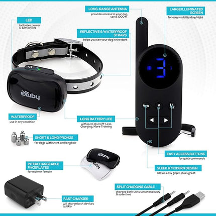 eXuby - Tiny Shock Collar for Small Dogs 5-15lbs - Smallest Collar on The Market - Sound, Vibration, & Shock - 9 Intensity Levels - Pocket-Size Remote - Long Battery Life - Water-Resistant - Black