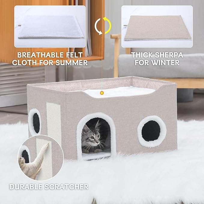 Cat House for Indoor Cats – Foldable Cat Cave & Covered Cat Bed, Cozy Hideaway for Small Pets and Large Cats (23.6"x16"x12.8"),Beige