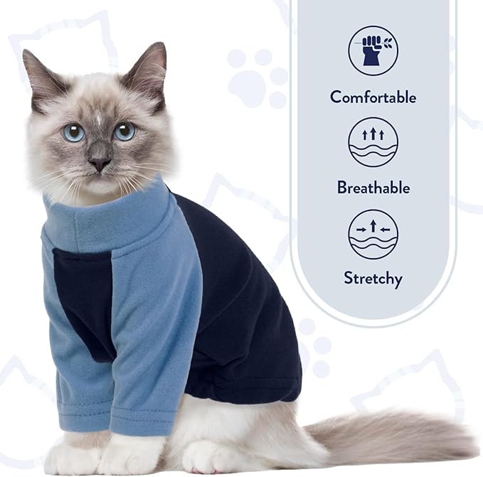 T'CHAQUE Cat Pajamas - Soft Cat Clothes& Shirts & Pajamas with Sleeves, Stretchy Sweater, Pullover Kitten Clothes, Blue, Small