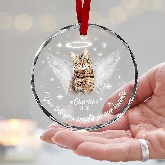 Personalized Cat Memorial Ornament, Pet Loss, Angel Keepsake for Cat Lovers, Custom Photo Glass Ornament – You Left Paw Prints in Our Hearts