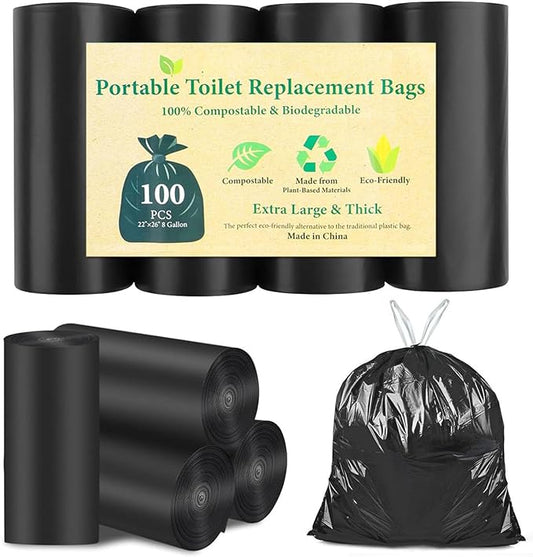 100 PCS Portable Toilet Bags for Camping, Drawstring Biodegradable Porta Potty Bag - 8 Gallon Thickened Waste Bag for 5 Gallon Bucket Toilets, Compostable Bags for Adults (100 Count)