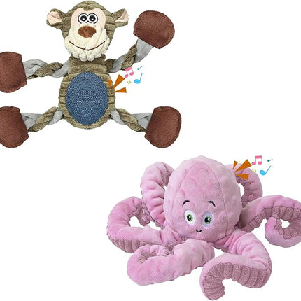 2Pack Dog Toys for Large Dog - Plush Squeaky Medium & Small Dog Toys - Stuffed Animals Puppy Toys - (Monkey+Octopus Pink)