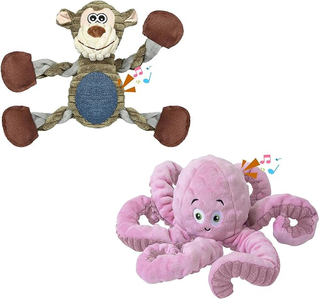2Pack Dog Toys for Large Dog - Plush Squeaky Medium & Small Dog Toys - Stuffed Animals Puppy Toys - (Monkey+Octopus Pink)