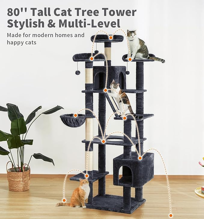 Made4Pets Tall Cat Tree, 80" Cat Tree Tower for Indoor Cats Large Adult, Modern Cat Tower with Scratching Post, Cozy Hammock, 3 Perches and 2 Condos, Sturdy and Fluffy, Dark Gray