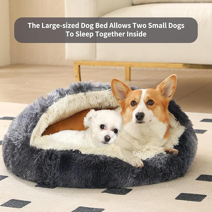 Dog Bed Round Hooded Plush Cat Cave Self Warming Pet Bed Donut Anti Anxiety Fluffy Pet Bed for Puppy and Kitty