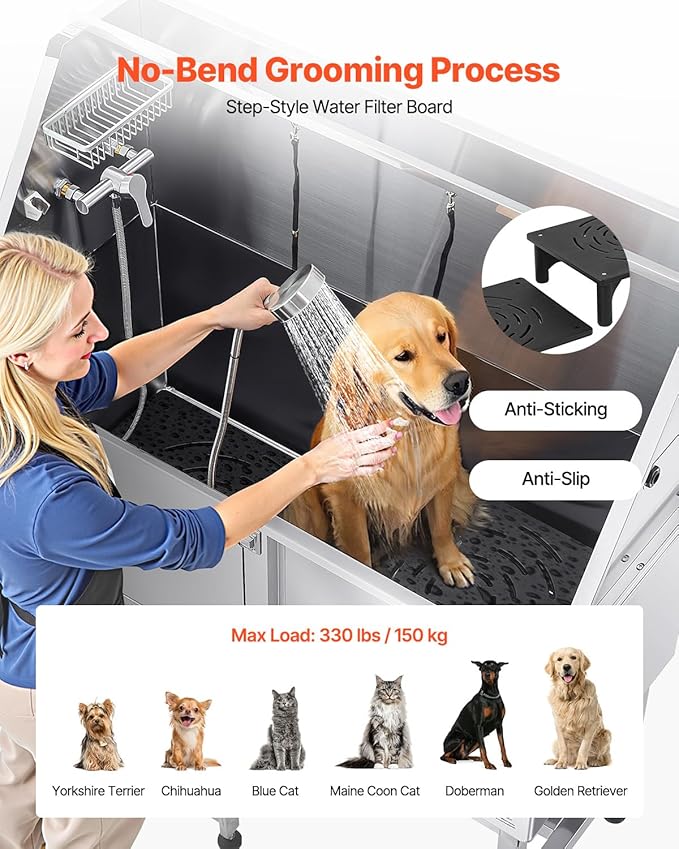 VEVOR Stainless Steel Dog Washing Station, 50 inch Pet Grooming Tub w/Ramp, PE Water Filter Board, Faucet & Showerhead & Soap Holder Dog Bathtub for Large & Medium & Small Pets (Left Door)