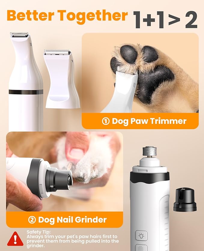 oneisall Dog Nail Grinder and Paw Trimmer Kit 3 in 1 Quiet Rechargeable Electric Pet Nail Grinder with 2 LED Lights and Cordless Dog Grooming Safe Clippers