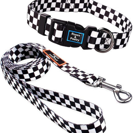 Roses&Poetry Dog Collar and Leash for Medium Large, Adjustable Durable 5ft Puppy Leash Collar for Dog Training Lead（Black & White-L）