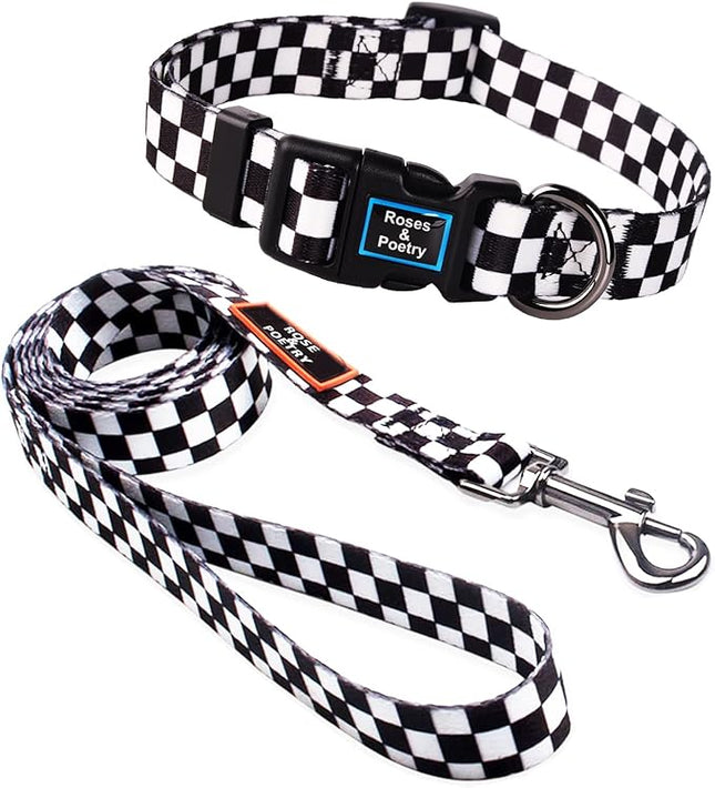 Roses&Poetry Dog Collar and Leash for Medium Large, Adjustable Durable 5ft Puppy Leash Collar for Dog Training Lead（Black & White-L）