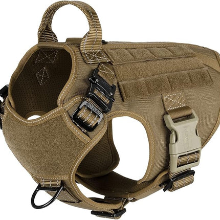 ICEFANG Tactical Dog Harness, Medium Size,2X Metal Buckle,Working Dog MOLLE Vest with Handle,No Pulling Front Leash Clip,Hook and Loop Panel (Brown,M (Pack of 1))