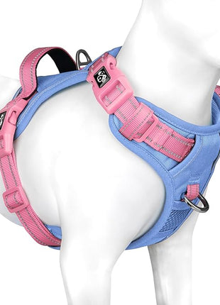 PHOEPET No Pull Dog Harness, Unique Colors Reflective Adjustable Dog Vest, with Soft Training Handle Metal Clips for Small Medium Large Dogs (Baby Blue Base & Pink Straps,L)