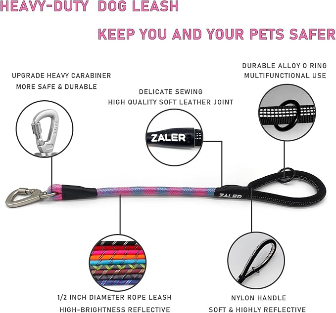ZALER Short Dog Leash, 26 Inches Rope Traffic Leashes for Dogs, Reflective Dog Lead with O-Ring, Heavy Duty Pet Leash for Large and Medium Dogs (26'' Blue Pink)