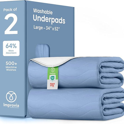 IMPROVIA® Washable Underpads, Heavy Absorbency Reusable Incontinence Pads for Kids, Adults, Elderly, and Pets, Waterproof Protection Floor (Blue, 34"x52" (Pack of 2))