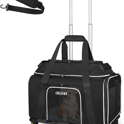 Petskd Top-Expandable Pet Carrier with Wheels 18x13x9.5 Inches Southwest Airline Approved, Soft-Sided Carrier for Small Cats Dogs with Locking Safety Zippers and Anti-Scratch Mesh(Black)