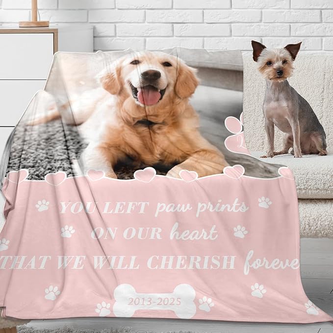 Pet Memorial Gifts, Personalized Dog Blanket with Picture, Dog Memorial Gifts for Loss of Pet, Custom Pet Throw Blanket, Loss of Cat Sympathy Gifts, Remembrance Bereavement Present