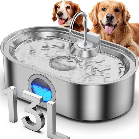 3.4Gal Dog Water Fountain for Large Dogs, 13L Stainless Steel Large Pet Fountain with Deeper & Wider Drinking Area, Automatic Dog Water Bowl Dispenser with Water Window & LED, Super Quiet
