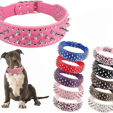 Hoot PU Leather Adjustable Spiked Studded Dog Collar 2" Wide 25 Spikes (XS(Neck 15"-18"), Rose Red)
