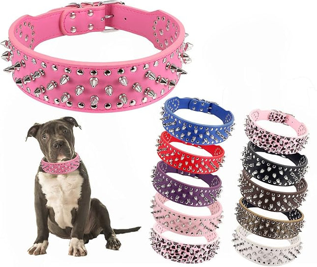 Hoot PU Leather Adjustable Spiked Studded Dog Collar 2" Wide 43 Spikes (L(Neck 21"-24"), Rose Red)
