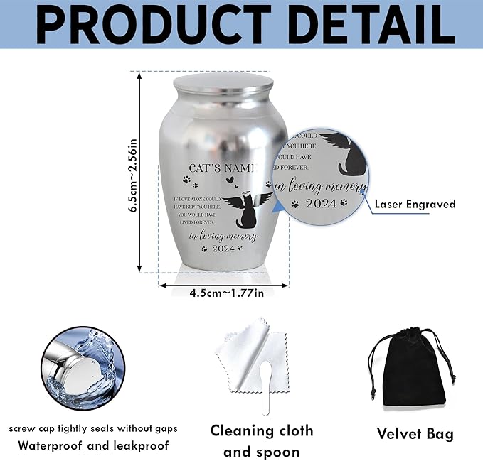 Artsy Woodsy Personalized Pet Memorial Cat Mini Urns - Stainless Steel Decorative Keepsake Urns for Ashes 2.56x1.77 inch - Gifts for Cat Mom Dad Lovers Accessories in Loving Memory Loss (02)