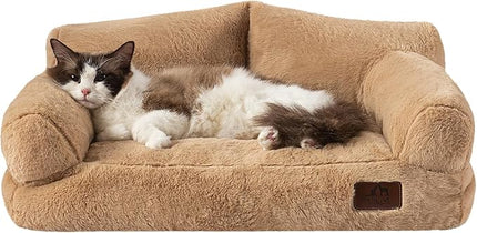 Hollypet Fluffy Plush Pet Dog Cat Couch Soft Calming Pet Sofa Bed for Medium Small Cats and Dogs, Light Brown
