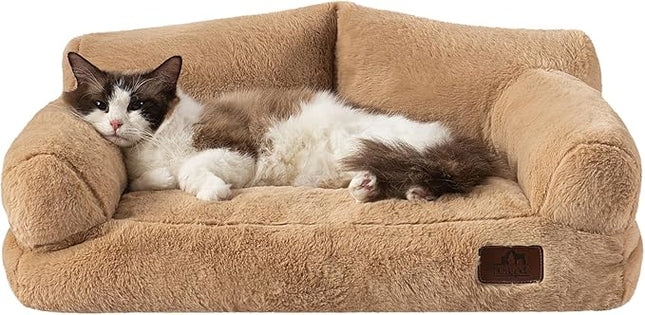 Hollypet Fluffy Plush Pet Dog Cat Couch Soft Calming Pet Sofa Bed for Medium Small Cats and Dogs, Light Brown