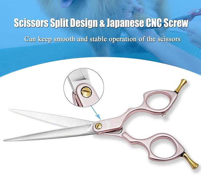 6.5'' Small Pink Straight Dog Grooming Scissors Professional Trimming Shears with Ultra-Lightweight Offset Handle 440C Stainless Steel Pet Scissors for Face and Paws