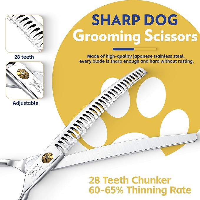 JASON 7" Dog Grooming Shears - Professional Down-curved Chunker Shears with 60%-65% Thinning Rate, Japanese 440C Stainless Steel Dog Grooming Chunkers with Adjustable Screw (28 Teeth, Silver)