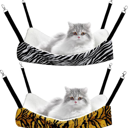 Jetec 2 Pieces Reversible Cat Hanging Hammock Soft Breathable Pet Cage Hammock with Adjustable Straps and Metal Hooks Double Sided Hanging Bed for Small Dogs Rabbits(Zebra, Tiger Stripes,L)