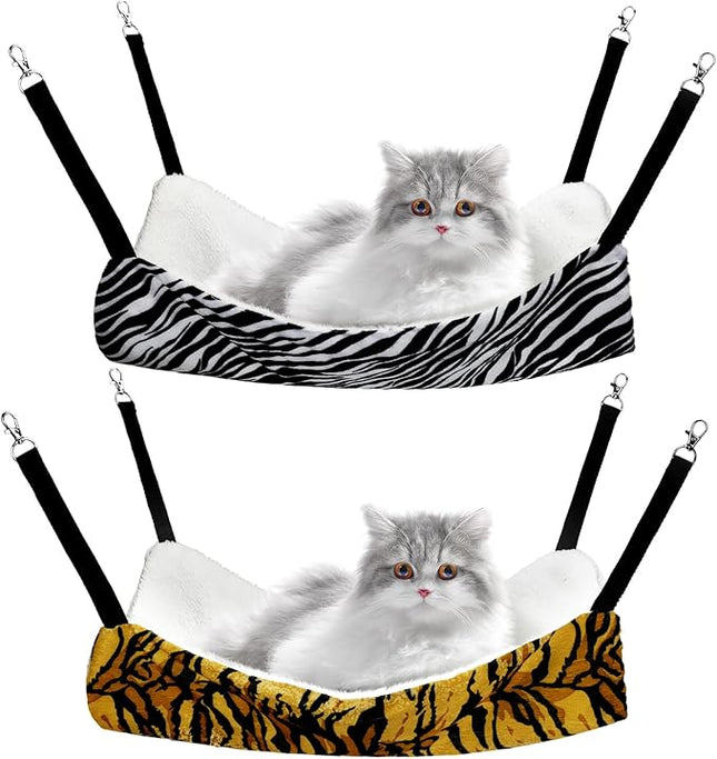 Jetec 2 Pieces Reversible Cat Hanging Hammock Soft Breathable Pet Cage Hammock with Adjustable Straps and Metal Hooks Double Sided Hanging Bed for Small Dogs Rabbits(Zebra, Tiger Stripes,L)