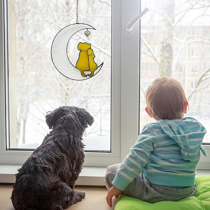 Stained Glass Dog Suncatcher, Window Hangings for Loss of Dog, Pet Memorial Gifts, Double Yellow Dogs on The Moon