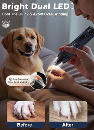 Casfuy 6-Speed Dog Nail Grinder – 50%+ Boost Power Dog Nail Trimmers Quiet with Dust Cap & 2 LED Lights & 2000mAh Battery & 4.8V Motor Electric Pet Toenail File Tool for Large Medium Small Dogs Cats