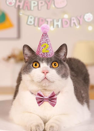 Cat Birthday Hat Girl Happy Birthday Decorations Outfit Banner Party Supplies Bow tie Collar Catnip Chew Biting Kick Toys for Cat Girl (Pink)