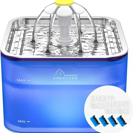 Crystal Cat Water Fountain Stainless Steel with 4 Filters and 4 Sponges, 101oz/3L Pet Fountain with LED Light for Cats and Dogs (Blue)