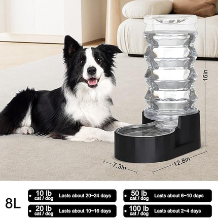 RIZZARI Dog Water Dispenser Bowl: 8L Large Black Stainless Steel Automatic Pet Dispenser with Triple Filter and Specialized Brush - for Senior Dogs with Joint Problems in Garage Garden